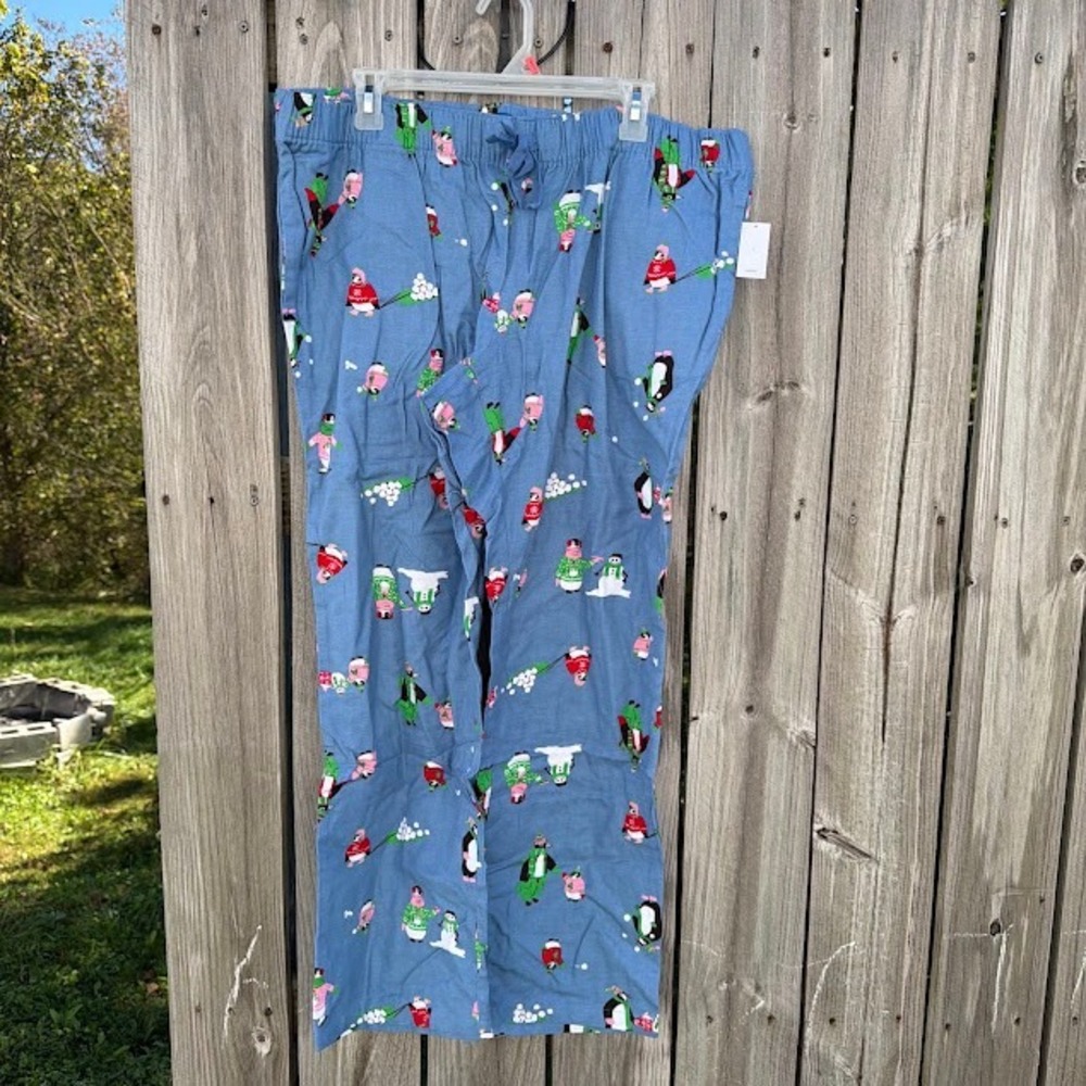 Christmas Holiday Old Navy Maternity Pajama Pants L Blue Penguin Snowman Print